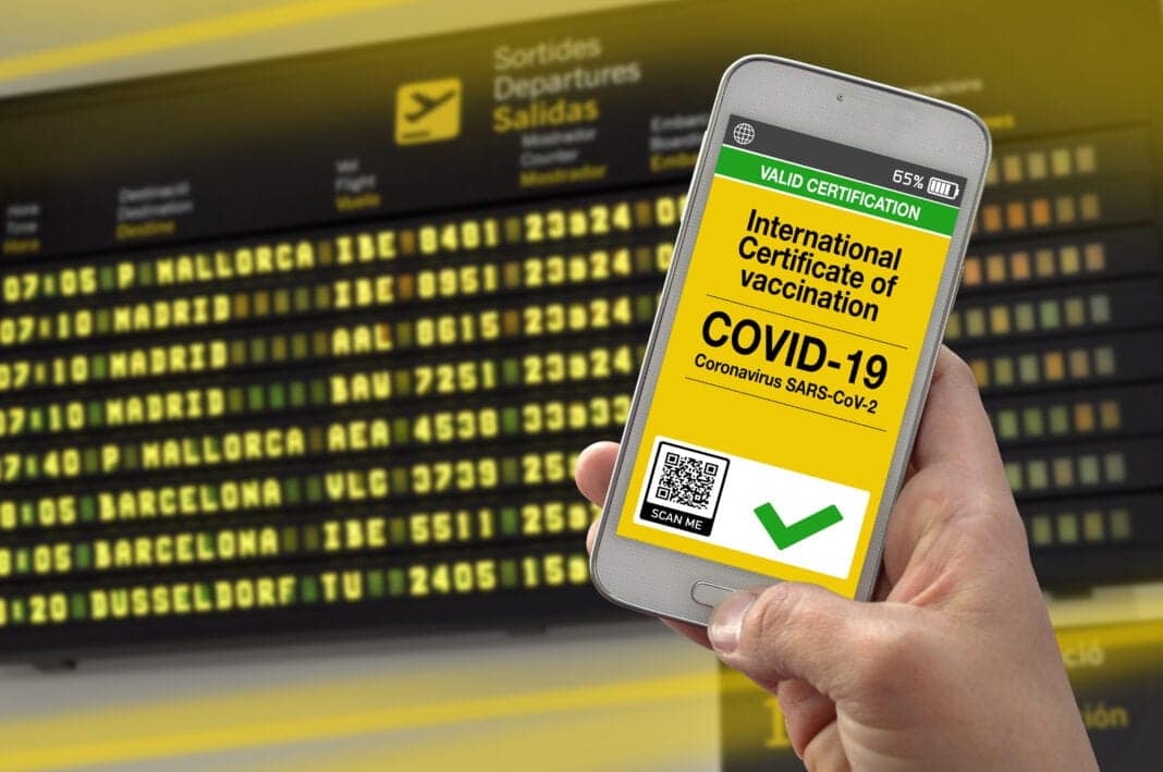 Smartphone mit internationalem Impfzertifikat gegen Covid-19 mit Flughafenhintergrund Foto: © Stockwerk-Fotodesign / stock.adobe.com