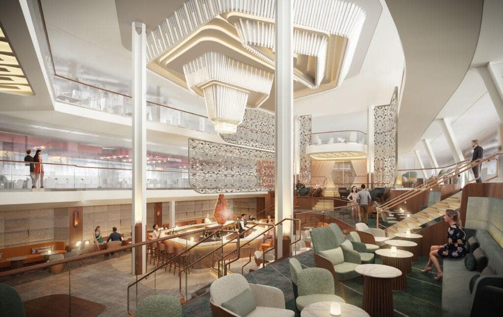 Das Herzstück von Celebrity Beyond's Vision von Luxus ist die Grand Plaza, ein sich verwandelnder Ort im Zentrum des Schiffes. Größer als die Grand Plazas auf den Schwesterschiffen der Edge-Serie, haben die Designer die Martini Bar in das Zentrum des Raums verlegt, mit einem ikonischen LED-Kronleuchter, der darüber hängt und zu jeder Stunde ein einladendes Licht wirft. Foto: © Celebrity Cruises