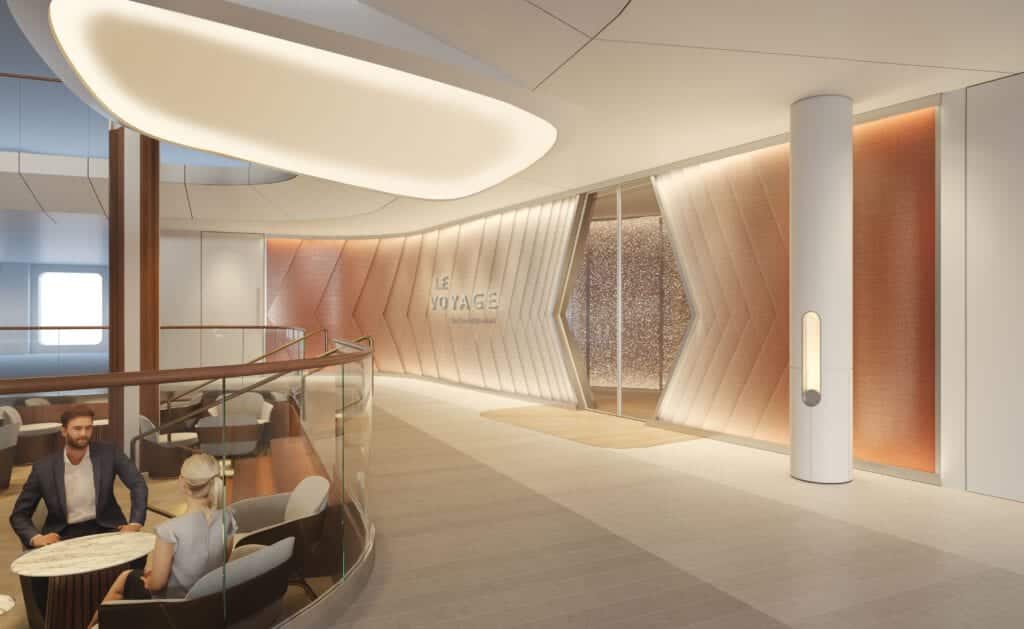 Mit dem treffenden Namen "Le Voyage" bietet die Celebrity Beyond ein neues, intimes Restaurantkonzept mit 50 Plätzen, das vom weltberühmten Küchenchef Daniel Boulud entwickelt wurde. Mit Reisen als Inspiration sollen die global inspirierten Aromen die Gäste an die Orte versetzen, die den mit einem Michelin-Stern ausgezeichneten Chefkoch inspirieren. Passend zum Weltklasse-Menü von Chefkoch Boulud ist das Ambiente des Restaurants, ergänzt durch Ebenen aus bezauberndem Licht und Textur, das Ergebnis von Jouin Mankus Designtalent ist. Foto: © Celebrity Cruises