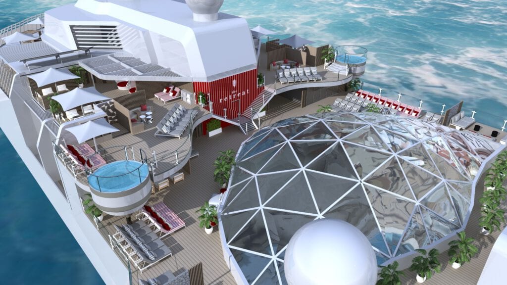 The Retreat ist ein exklusiver Bereich für Suitengäste, der von Kelly Hoppen entworfen wurde. Das neue zweistöckige Retreat Sundeck bietet abgeschiedene Cabanas, schicke Sitzgelegenheiten, Wasserspiele, die Retreat Bar und vieles mehr. Foto: © Celebrity Cruises