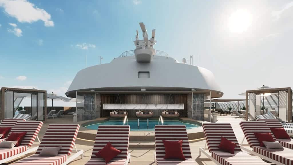 The Retreat ist ein exklusiver Bereich für Suitengäste, der von Kelly Hoppen entworfen wurde. Das neue zweistöckige Retreat Sundeck bietet abgeschiedene Cabanas, schicke Sitzgelegenheiten, Wasserspiele, die Retreat Bar und vieles mehr. Foto: © Celebrity Cruises