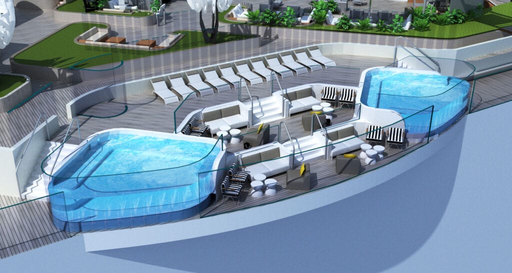 Entworfen von Designerin Kelly Hoppen und dem Architekten Tom Wright, lädt der Rooftop Garden die Gäste Tag und Nacht zum Entspannen oder Spielen ein. Ob Sie unter einem der schattigen Sitzbereiche faulenzen, die Nacht durchtanzen oder den Blick zu den Sternen schweifen lassen, während das Schiff über das Meer gleitet, der Rooftop Garden bietet für jeden etwas, um der Realität zu entfliehen. Foto: © Celebrity Cruises
