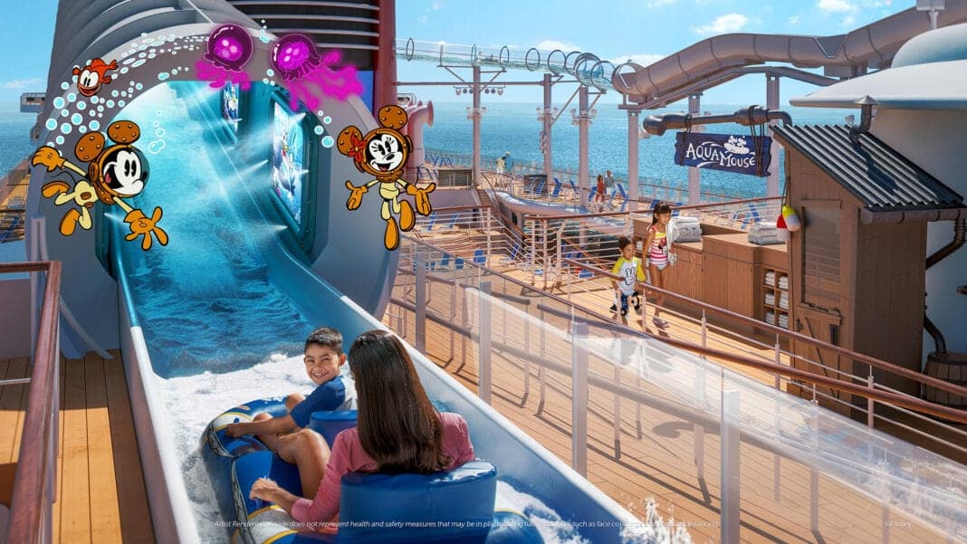 Familien werden an Bord der AquaMouse, der ersten Disney-Wasserbahn auf See, in die