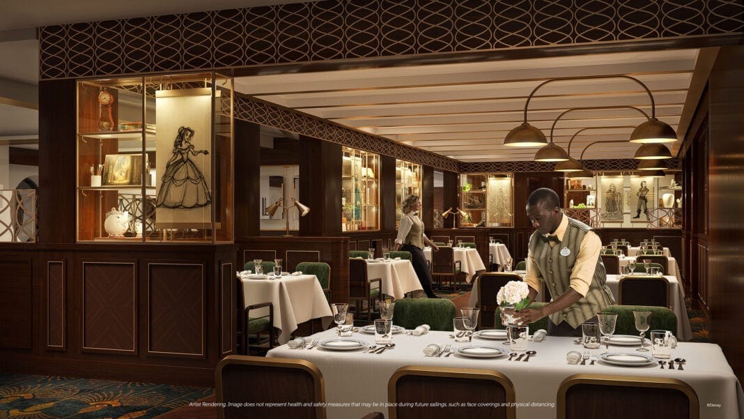 Restaurant 1923, benannt nach dem Gründungsjahr der Walt Disney Company, ist eine stilvolle Würdigung des Erbes des Unternehmens, eine Hommage an das goldene Zeitalter der Zeichentrickkunst und ein Tribut an die kalifornischen Wurzeln. Die Räume sind mit mehr als 1.000 Zeichnungen, Requisiten und anderen Dingen geschmückt. Die abwechslungsreiche Speisekarte spiegelt eine einzigartige Mischung aus asiatischer, europäischer und südamerikanischer Küche wider. Alles natürlich gepaart mit einer erstklassigen Auswahl an weltberühmten Napa Valley Weinen. Foto: © Disney Cruises