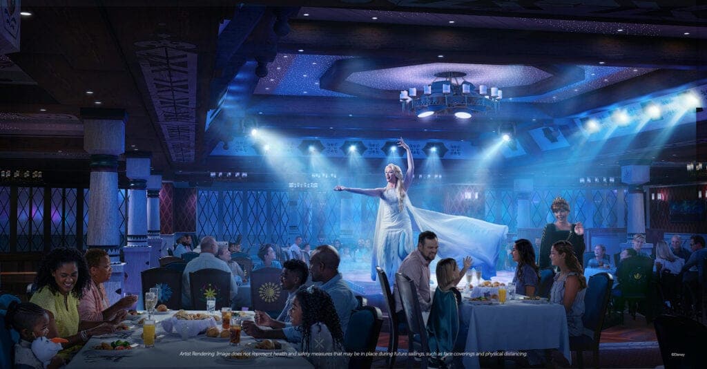 Arendelle: A Frozen Dining Adventure ist Disneys erstes "Frozen" thematisches Dining-Erlebnis, das das Königreich Arendelle durch mitreißendes Live-Entertainment mit Lieblingscharakteren wie Elsa, Anna, Kristoff und Olaf und einer Weltklasse-Küche mit nordischen Einflüssen zum Leben erweckt. Foto: © Disney Crusies