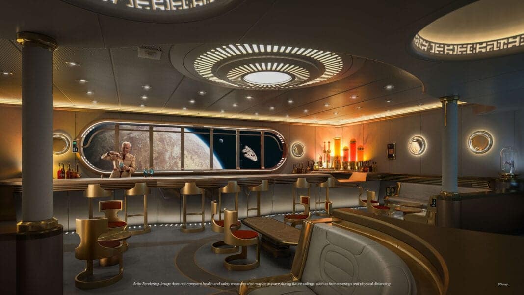 Zum ersten Mal auf einem Disney-Schiff begeben sich die Gäste in der Star Wars Hyperspace Lounge, einer High-End-Bar im Stil eines luxuriösen Raumschiffs, auf eine Weltraumreise durch die Star Wars-Galaxie. Dieses faszinierende Erlebnis ist jeden Abend für Erwachsene reserviert und bietet interaktive Kostproben und von den Filmen inspirierte Cocktails. Foto: © Disney Crusies