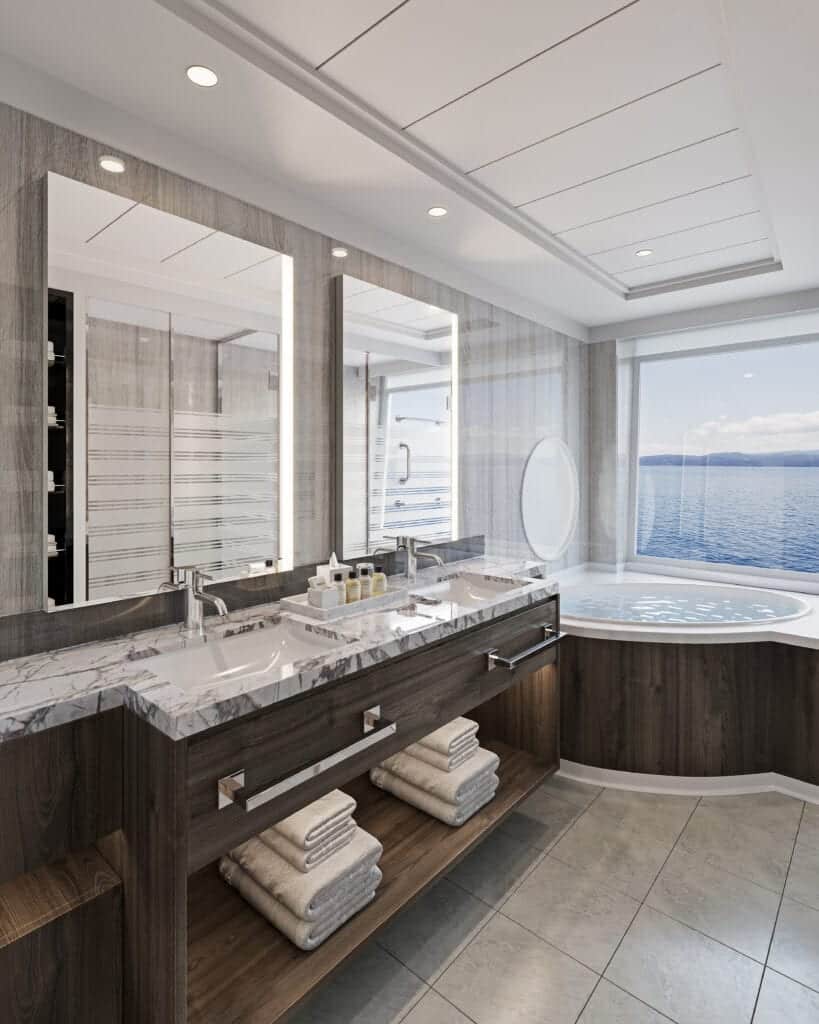 Offener Blick auf das Meer: Das Bad der einer Haven-Familien-Villa. Grafik: Norwegian Cruise Line