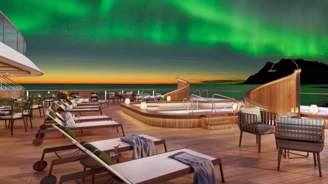 Seabourn Pursuit Deck 5 Achterpool und Nordlichter. Foto: Seabourn / CGI