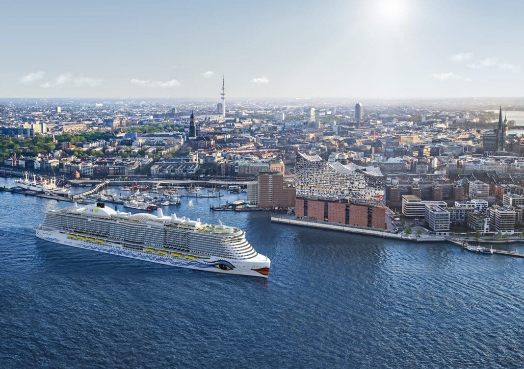 Die AIDAcosma in Hamburg. Die Grafik der Reederei wird bald Realität. Grafik: AIDA Cruises