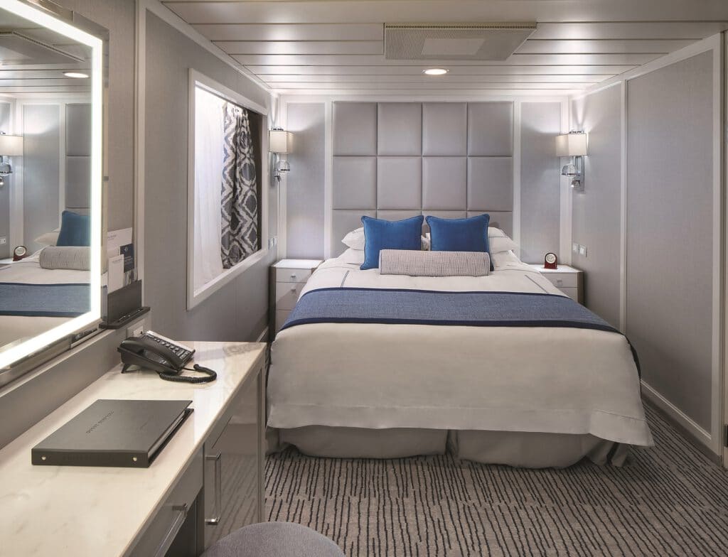 So sollen die neuen Oceanview-Kabinen für Alleinreisende auf den Schiffen der "R-Class" von Oceania Cruises aussehen. Grafik: Oceania Cruises