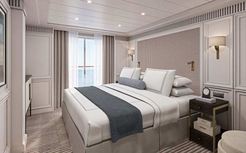 Marina und Riviera werden für die Passagiere umfangreich renoviert. Blick in den Schlafbereich einer Suite. Grafik: Oceania Cruises