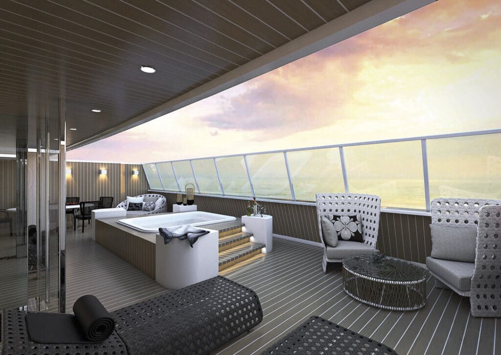 Der Außenbereich einer Kabine an Bord der MSC World Europa mit eigenem Whirlpool. Grafik: MSC Cruises