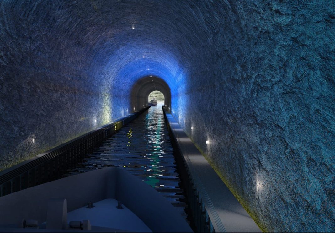 So könnte es im Stad Tunnel aussehen. Eine Längsführungsstruktur auf beiden Seiten des Tunnels schützt Schiffs gegen Aufprall. Illustration: © Snøhetta / Kystverket