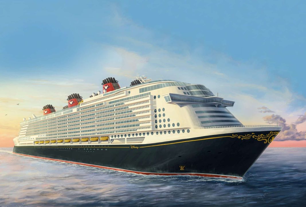Das künstlerische Konzept zeigt ein neues Schiff der Disney Cruise Line in den ikonischen, von Mickey Mouse inspirierten Farben der Flotte. Foto: © Disney