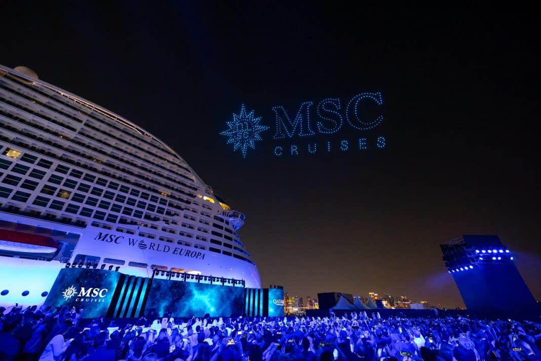Drohnenshow während der Tauffeier der MSC World Europa. Foto: © Ivan Sarfatti / MSC Cruises