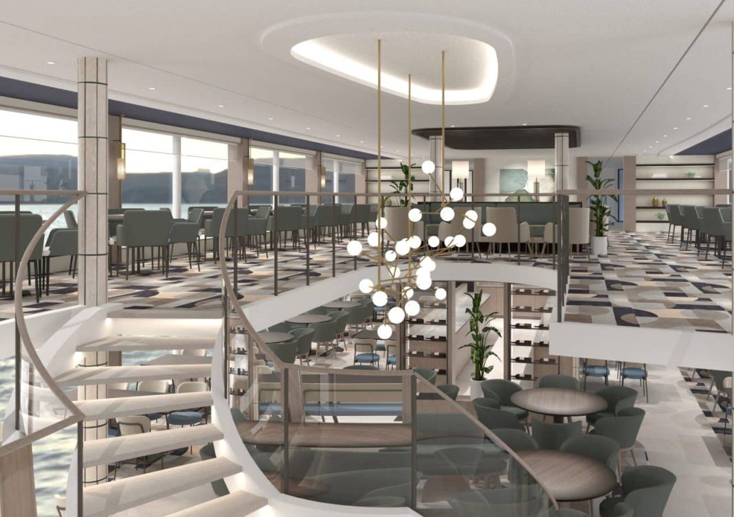 Offene Fläche auf zwei Ebenen: Lounge und Restaurant der VIVA TWO. Foto: © VIVA Cruises