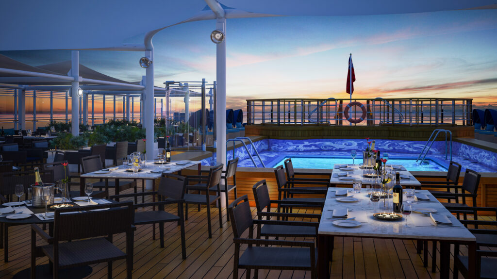 Queen Victoria, Lido-Deck in Abendstimmung. Foto: © Cunard Line