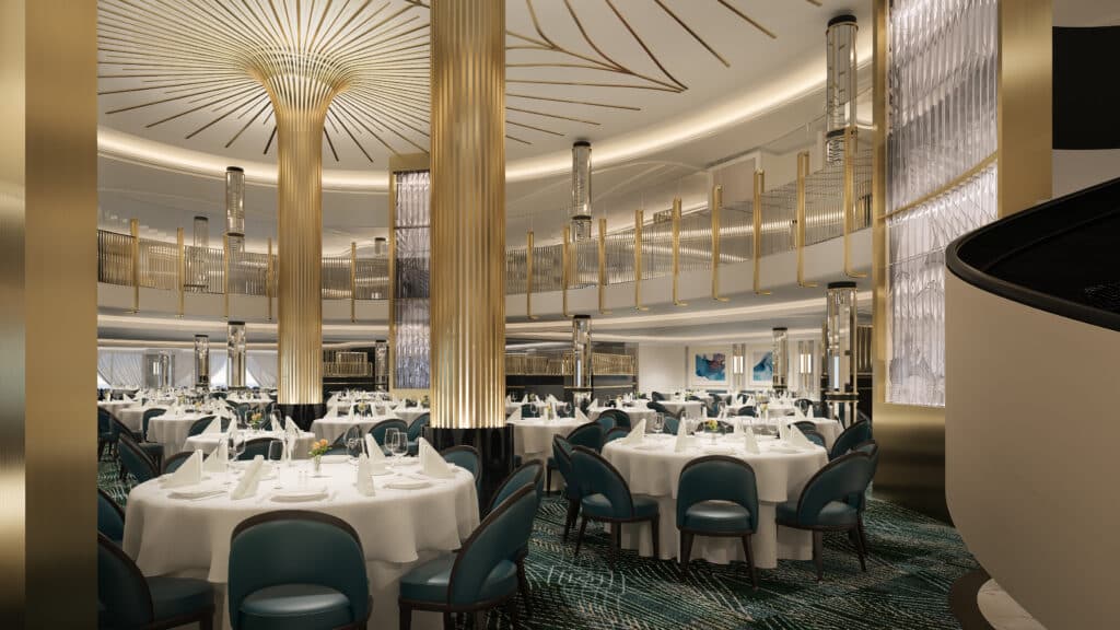 Goldene Säulenelemente verleihen dem Britannia-Restaurant das gewisse Etwas. Foto: © CUNARD LINE