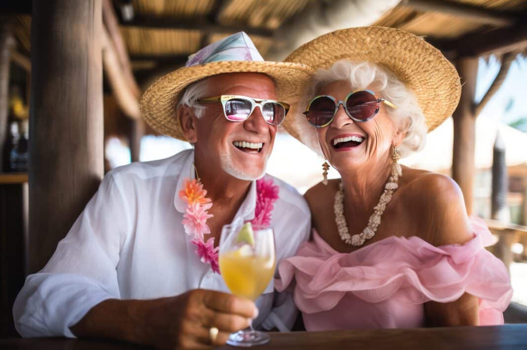 Ein älteres Paar, ein Mann und eine Frau, die am Strand Cocktails trinken. Foto: © Dina / Adobe Stock
