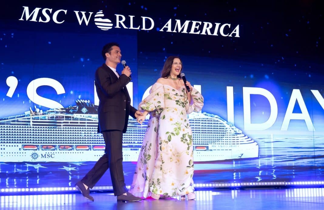 Die Taufpatin der MSC World America, Drew Barrymore wurde von Schauspieler Orlando Bloom begleitet. Foto: MSC Cruises