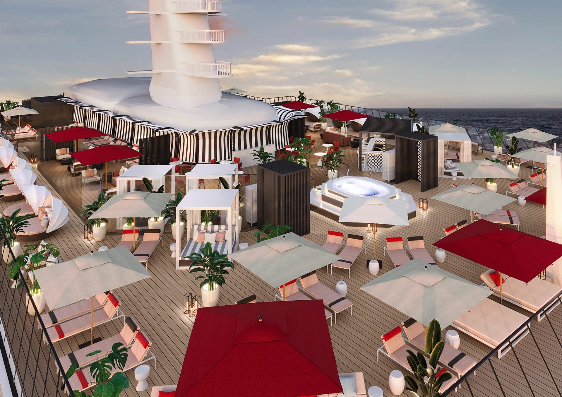 Stilvoll entspannen können Gäste auf dem brandneuen Sundeck mit großzügigen Sitzgelegenheiten im Freien und Schattenplätzen, exklusiv für Retreat-Gäste. Foto: © Celebrity Cruises