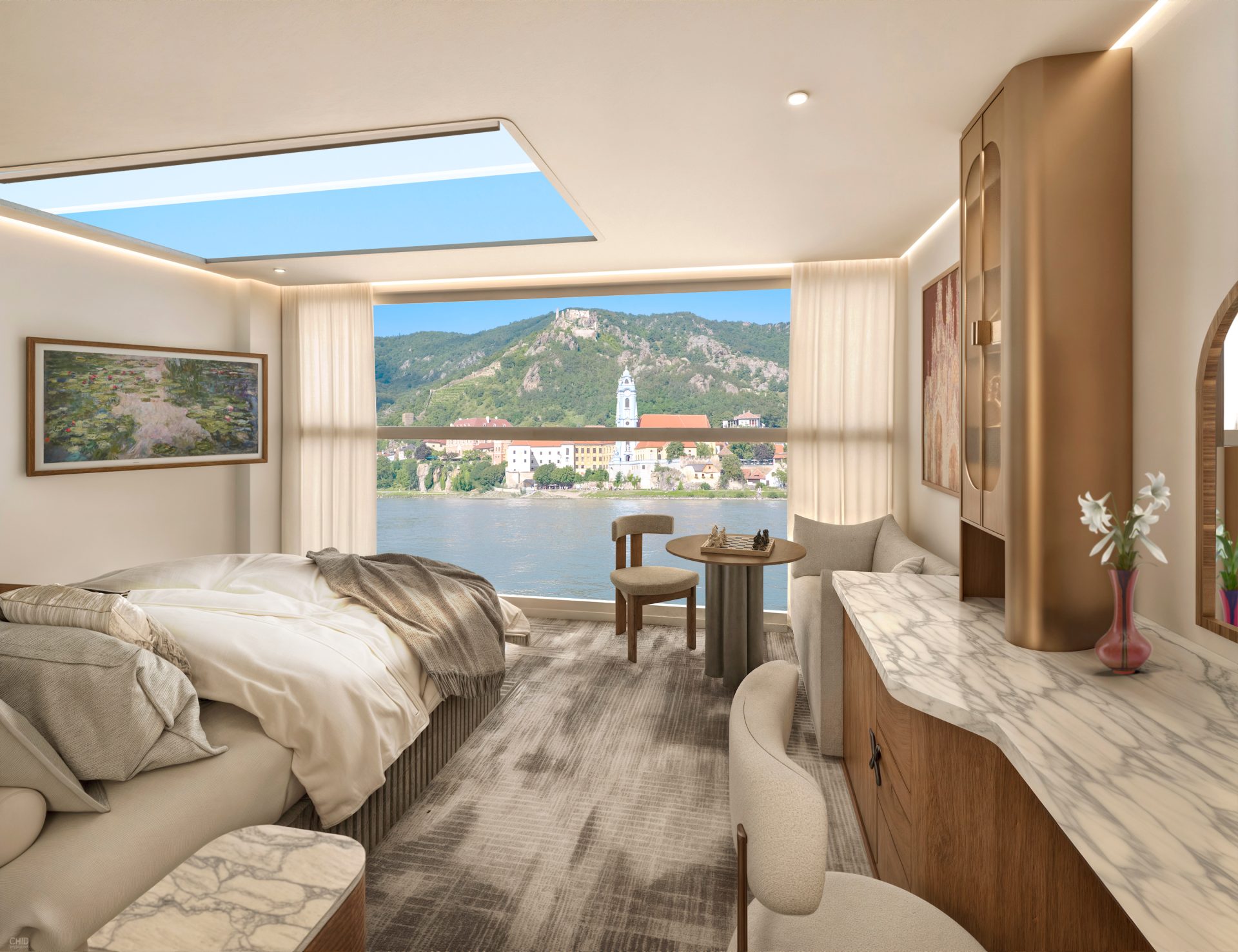 Skylight Infinite Balkon Suite, Blick nach außen; Foto: © Celebrity River Cruises