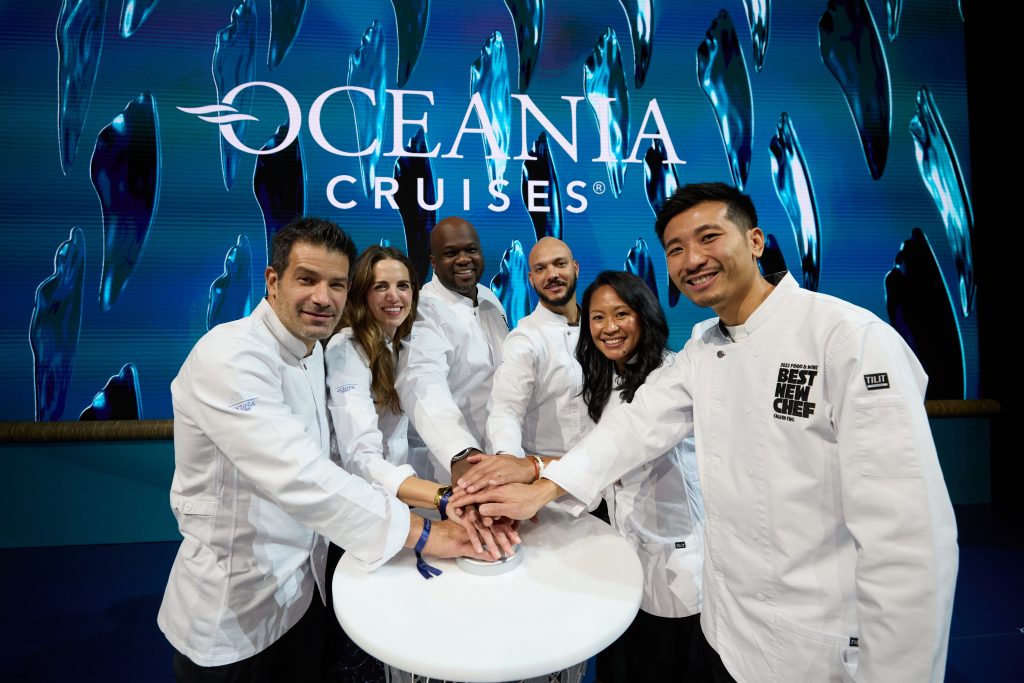 Taufpaten der Oceania Allura: Von links nach rechts: George Mendes, Katie Button, Tavel Bristol-Joseph, Lawrence “LT” Smith, Aisha Ibrahim, Calvin Eng, Foto: © Oceania Cruises