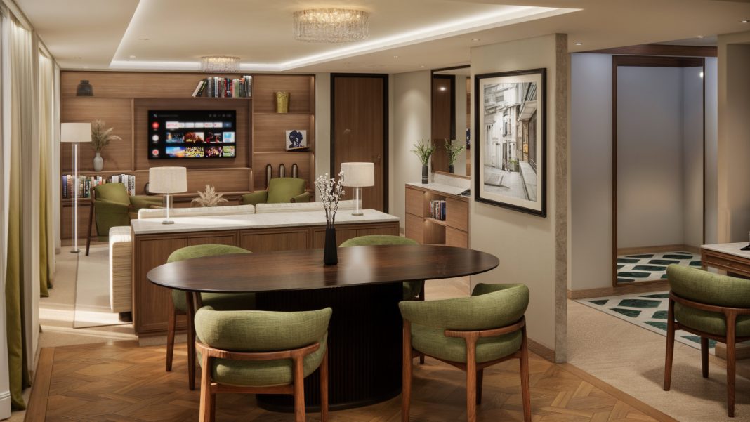 So soll der Wohnbereich einer Junior-Penthouse-Suite auf der Crystal Grace aussehen. Grafik: Crystal