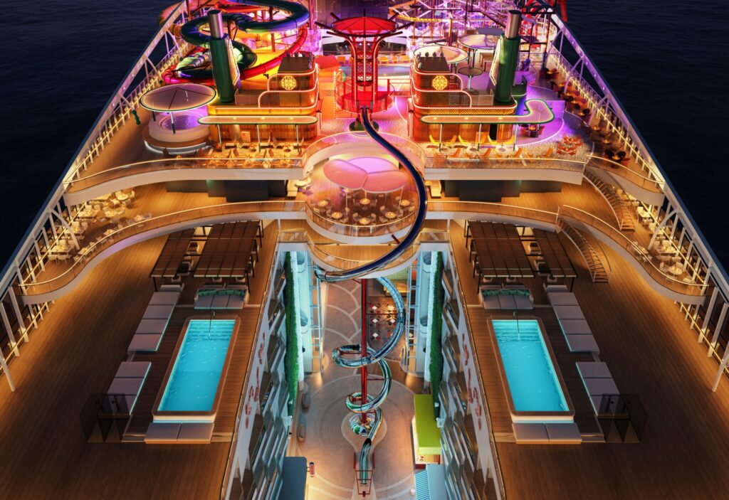 "The Spiral", hier aus der Birdseye-Perspektive, führt über zwölf Decks hinab auf die World Promenade. Foto: MSC Cruises