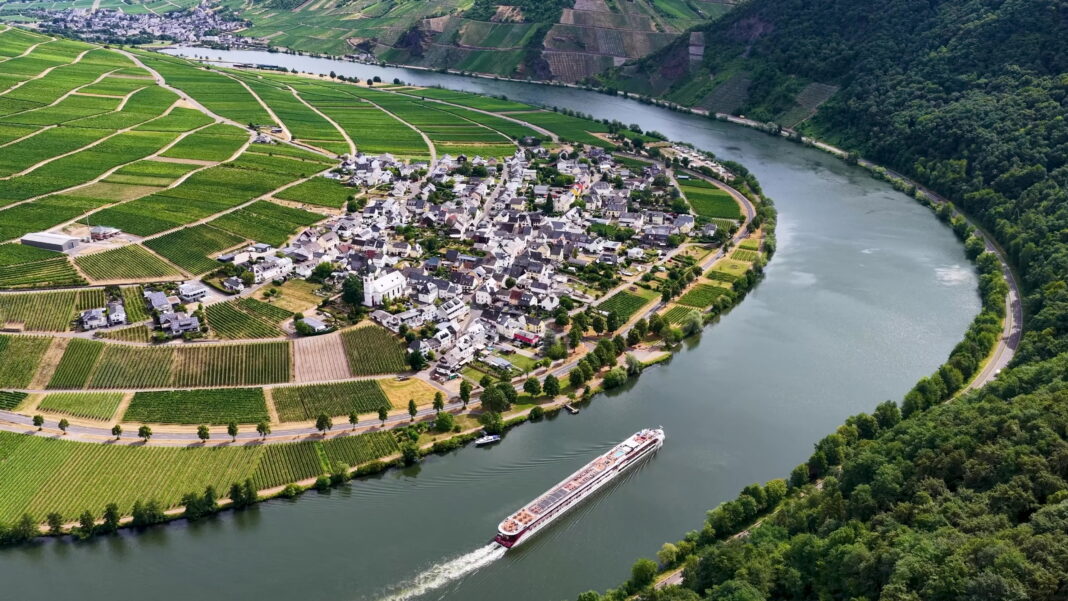 Luftaufnahme der malerischen Moselschleife bei Minheim mit einem eleganten Flusskreuzfahrtschiff auf dem Wasser, umgeben von grünen Weinbergen im Sommer.